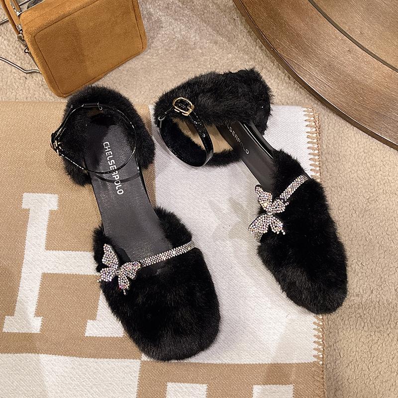 Crystal Butterfly Women Sandals Designer 2025 New Summer Fur Heeled Shoes Trend Chunky Marie Janes Luxury Woman Pumps