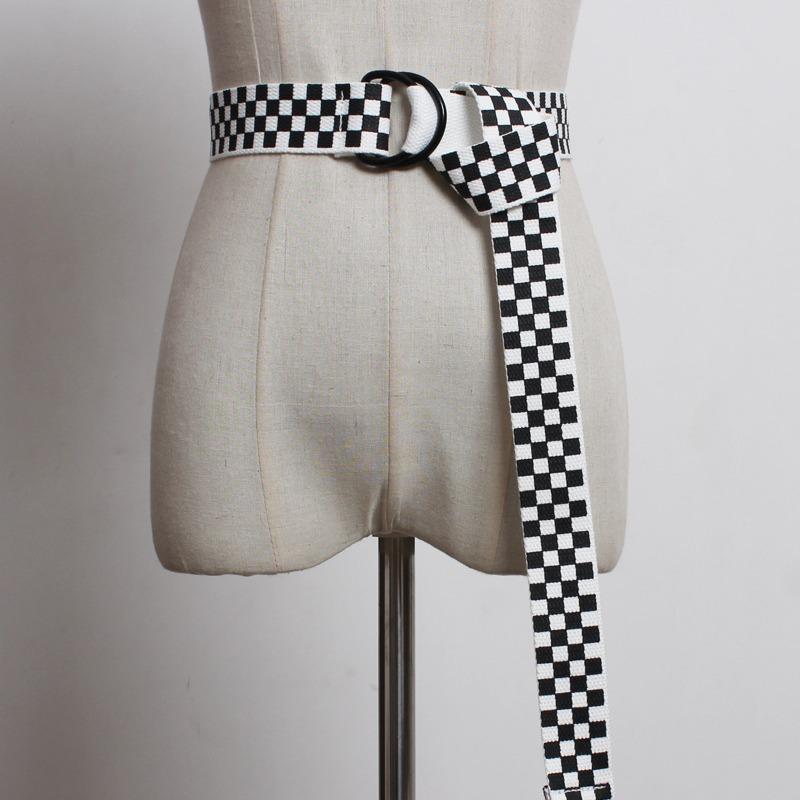 Hong Kong Style Street Trendy People Versatile Simple Black, Red and White Plaid Belt Double Buckle Super Long Webbing Hong Kong Style Belt