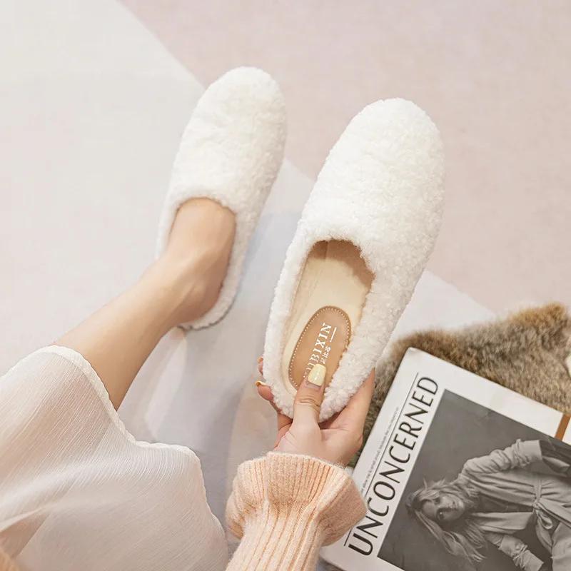 Fashion Women's Lambswool Slippers, Sheepskin and Fur Shoes, Women's Flat Cotton Slippers, Slip-on Mules, Plus Size 43, Winter