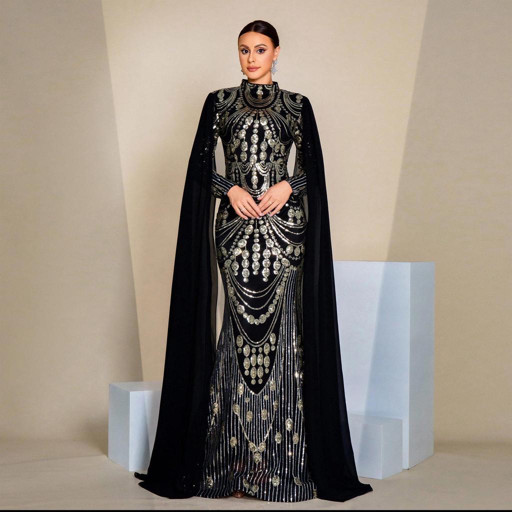 Elegantes grenzüberschreitendes Pailletten-Abendkleid mit langen Ärmeln für Damen