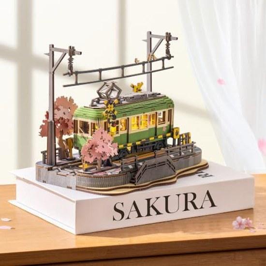 ROBOTIME 3D Wooden Puzzle Sakura Train LED Light Assembly Kit DIY Craft Mechanical Model Japanese Interior Toy Children Adults Birthday Christmas Gift