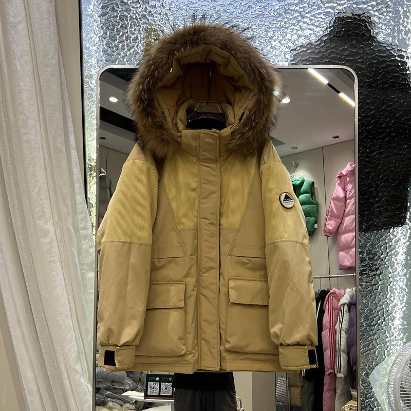 New Big Fur Collar Down Jacket Women's Medium and Long Loose Thickened Hooded Tooling Pie To Overcome Couple's Coat