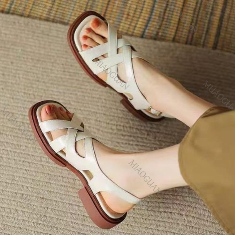 Fashion Retro Weave Sandals for Women Fashion 2025 Summer Shoes Low-heeled Square Toe Beach Shoes Women's Outside Roman Sandales Femmes