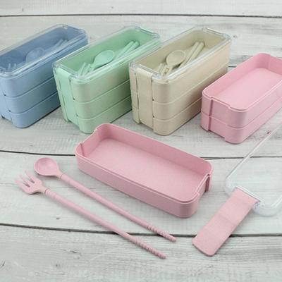 Three Layer Container Spoon Bento Food Storage Lunch Fork Chopsticks Box Set