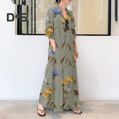Women's Floral Printed Maxi Dress Button Down Long Sleeve Shirt Dress Lapel V Neck Loose Dress with Pockets