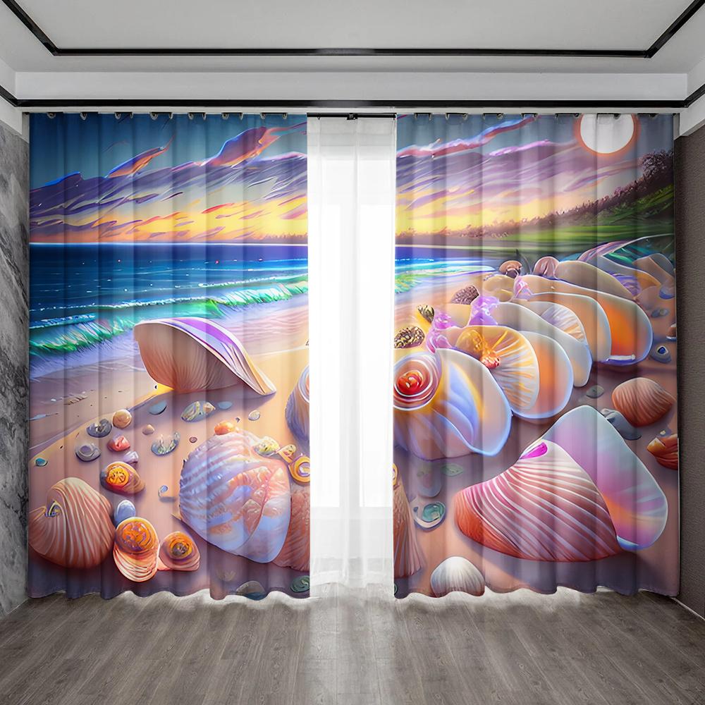 2PC Home Decoration Curtains With Colorful Seashells And Rod Pockets, Kitchen, Coffee Shop,Living Room, Balcony, Garden