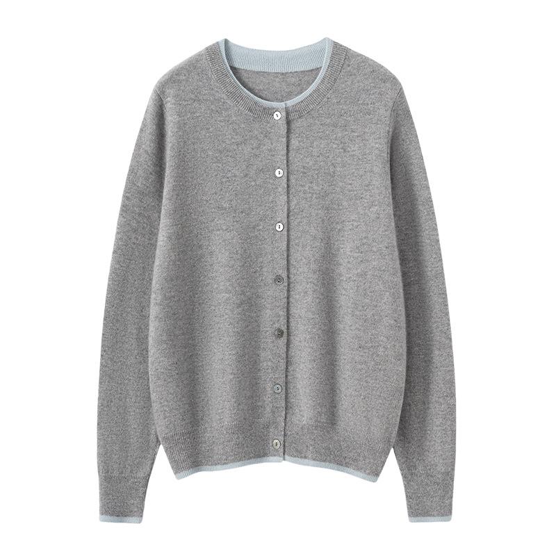 Women's 100% Pure Cashmere Color Block Round Neck Cardigan Sweater