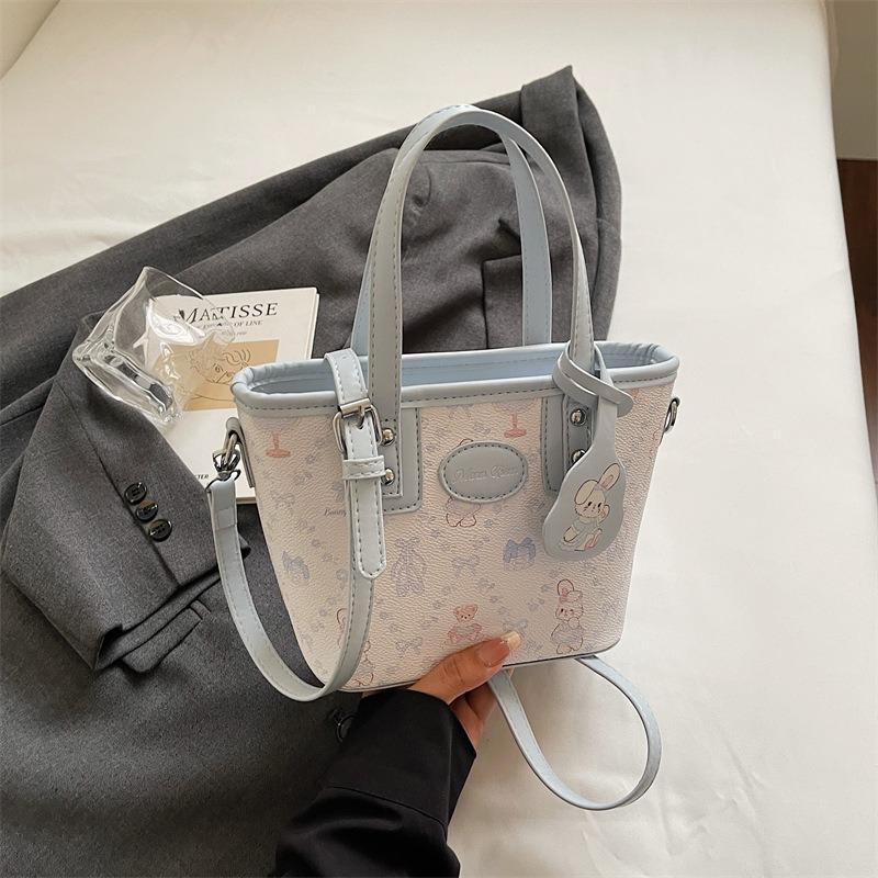 Textured Bucket Bag Women's New Cartoon Printed Portable Shoulder Bag Fashionable Splicing Commuter Messenger Bag