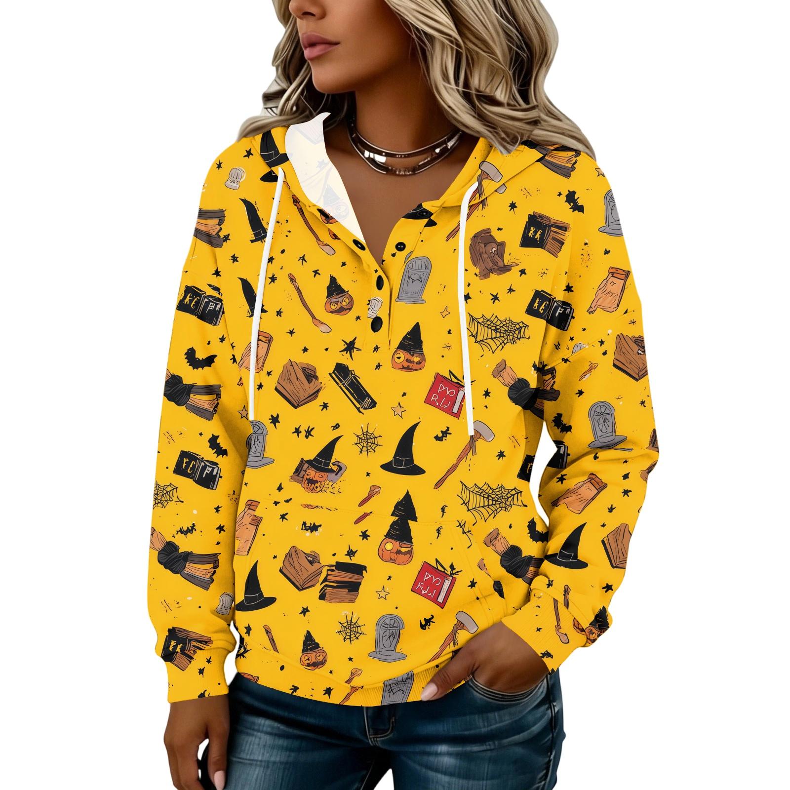 Women s Fashion Button Front Hoodie with Halloween Print Pullover Sweatshirt for Casual Everyday Wear XXXL