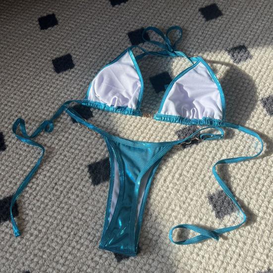 2 ks/sada Dámské sexy bikini set světlý povrch umělá perla podprsenka šněrovací sada tanga rychleschnoucí plavky plážové oblečení