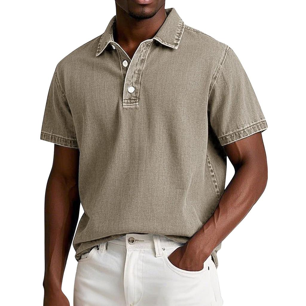 Men's Summer Solid Color Vintage Button Lapel Short Sleeve Shirt Tops