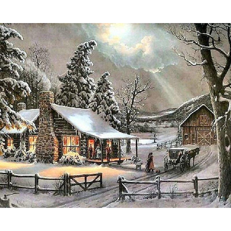 Full Round Diamond Painting Handmade Winter Scenery Cross Stitch 5d Diamond Embroidery House Landscape Decor