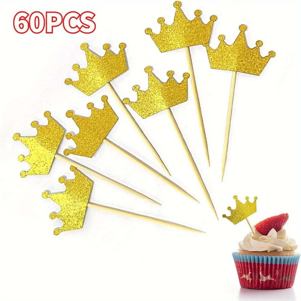 

60PCS Glitter Crown Cupcake Toppers Gold Blue Cake Decoration Pick Birthday Wedding Party Supplies DIY Baking Accessories