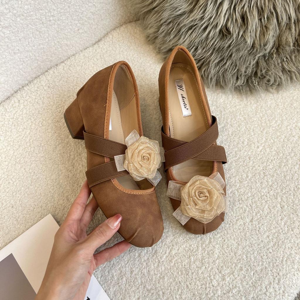 High Heeled Shoes for Women's 2025 Spring New French Cross Strap Ballet Pumps Retro Camellia Flower Mary Jane Shoes for Women