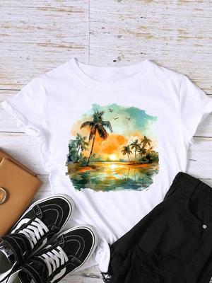 (Tamanho asiático) Camiseta Feminina doce aquarela fofa Moda Estampa Dama Feminino Gráfica Casual Manga Curta Camisetas Tee Top Roupa