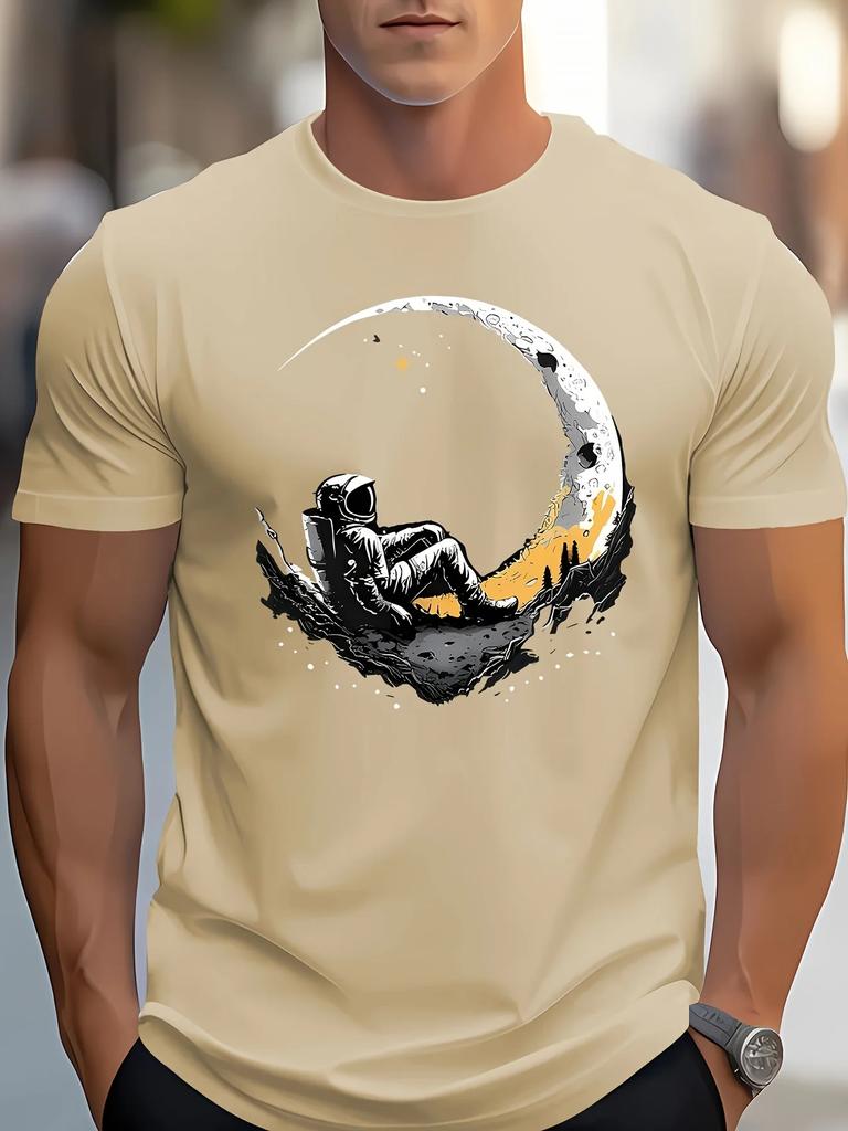Large casual loose T-shirt, men's moon print, round neck short sleeved sports T-shirt,