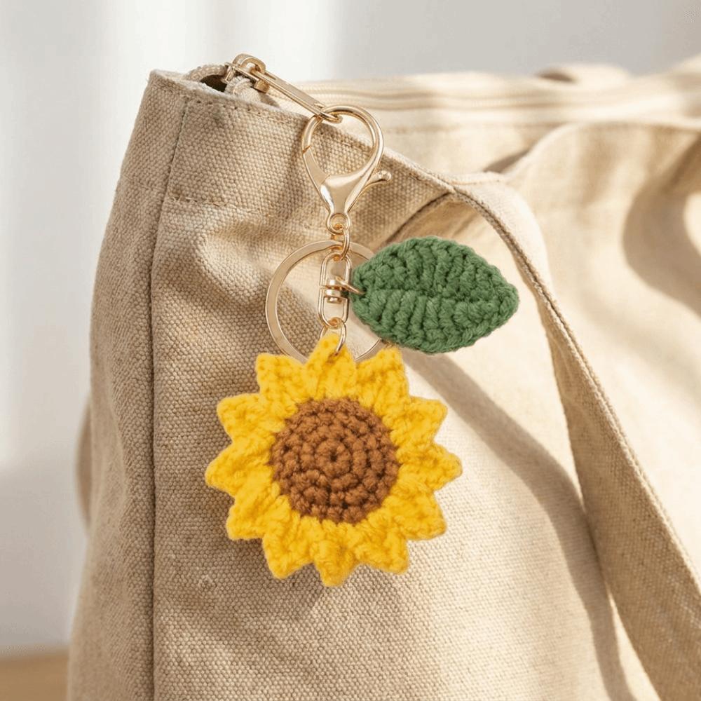 Cotton Crochet Sunflower Pendant Fabric Bag Lanyard Charm Cute Knitted Keychain Daily