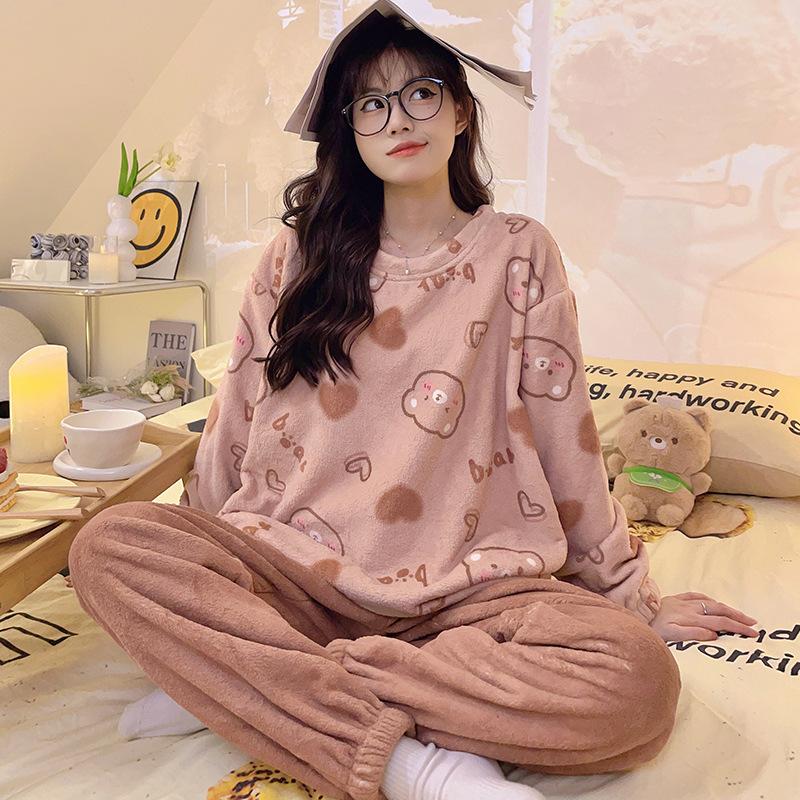 Flannel Warm Pyjamas Set for Women's Padded Student Nightwear Ladies Sweet Breathable Crew Neck Sleepwear Loungewear