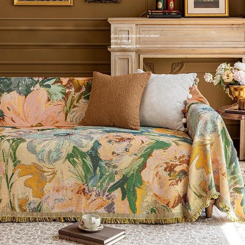 Retro Oil Painting Design Sofa Towel All Season Universal for Living Room Home Decor Tassel Sofa Cover Cloth Flowers Couch Towel