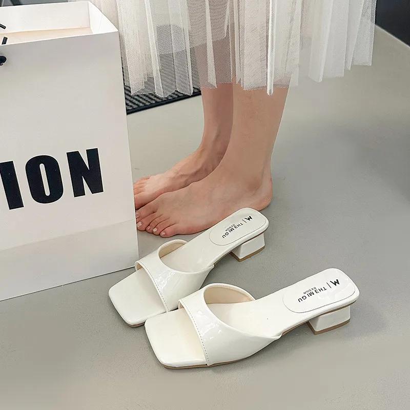 Fashion 2025 Summer New Women's Slippers Fashionable and Elegant Mid-high Heels Square Open Toe Slippers Simple Party Women's Shoes