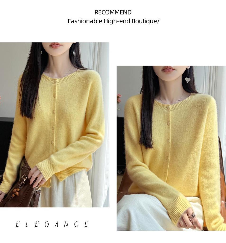 Autumn/Winter Pure Wool Seven-Stitch Crew Neck Cardigan - Thick, Long Sleeve, Solid Color, Skin-Friendly Knit Sweater