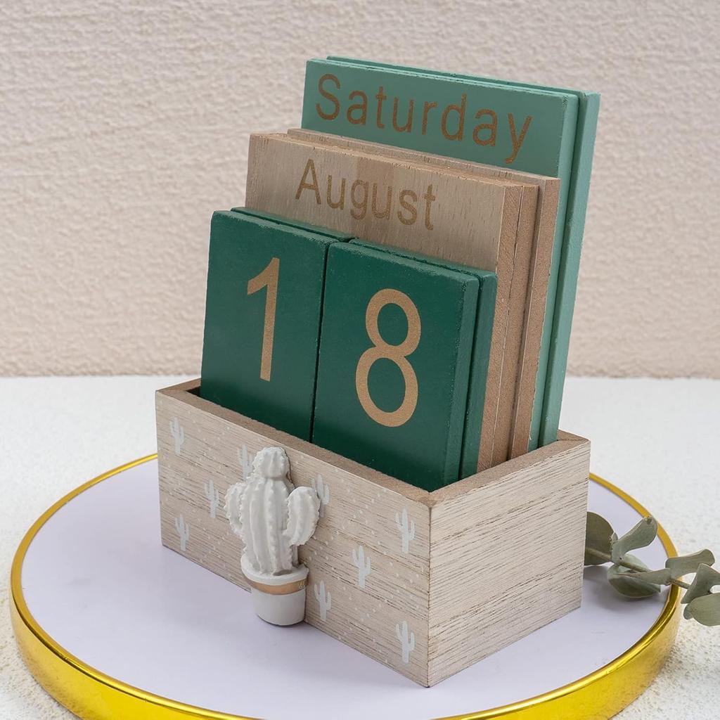 Desktop Perpetual Calendar Wooden Block Retro Calendar for Livingroom Office Shop Bar Desk Decor Week Month Day Display (Green cactus)