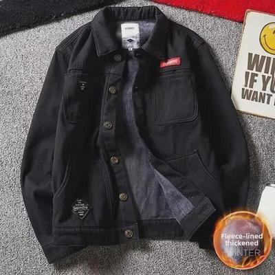 Veste pilote ample en jean style coréen pour homme – Épaisse et velours pour l'automne et l'hiver