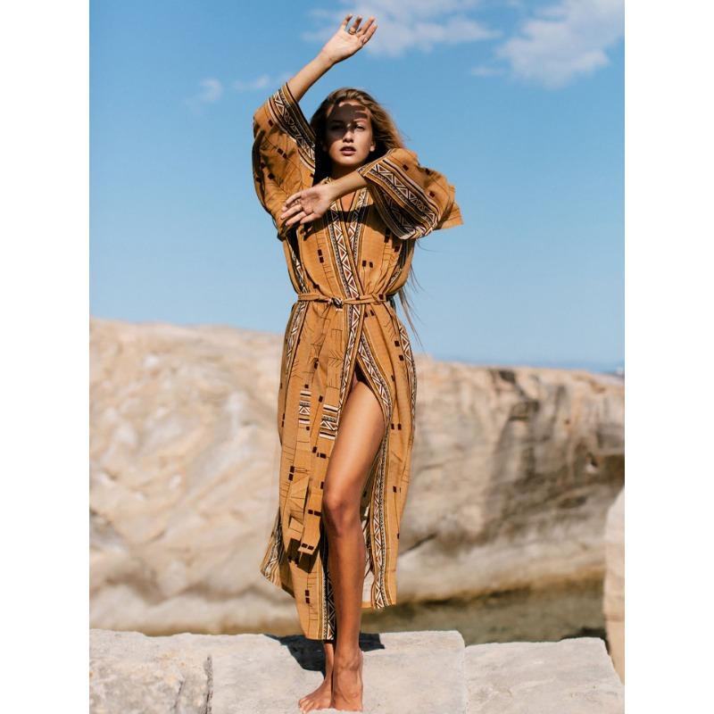 Moda feminina primavera outono estampa geométrica manga comprida decote em v cintura solta vestidos casuais