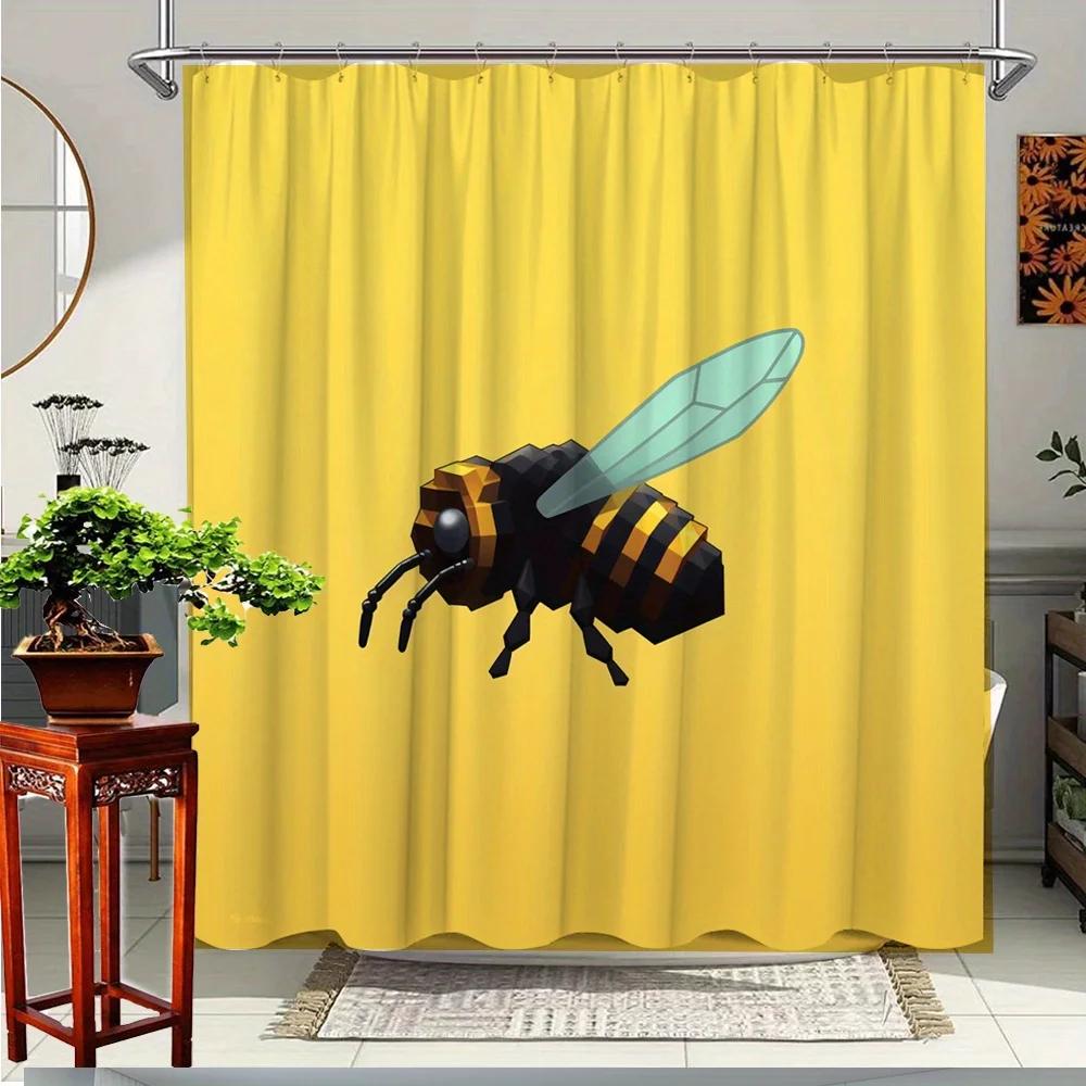 

1Pc Festive Bee Shower Curtain - Vibrant Yellow Cartoon Bee Design, Durable Polyester Fabric Bathroom Decor With 12 Hooks, W60H190(CM)-1 Pcs