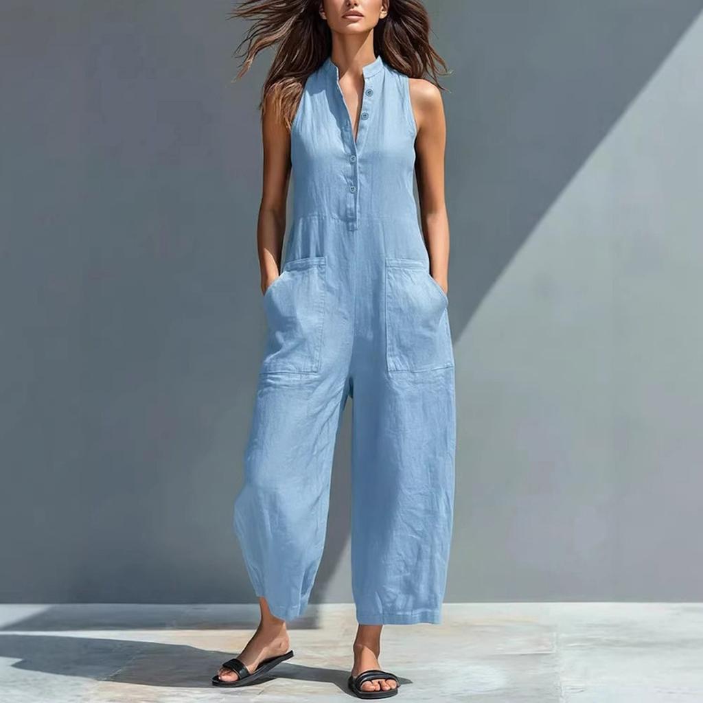 Modischer und lässiger ärmelloser Jumpsuit für Damen mit Knopfleiste, V-Ausschnitt und Taschen