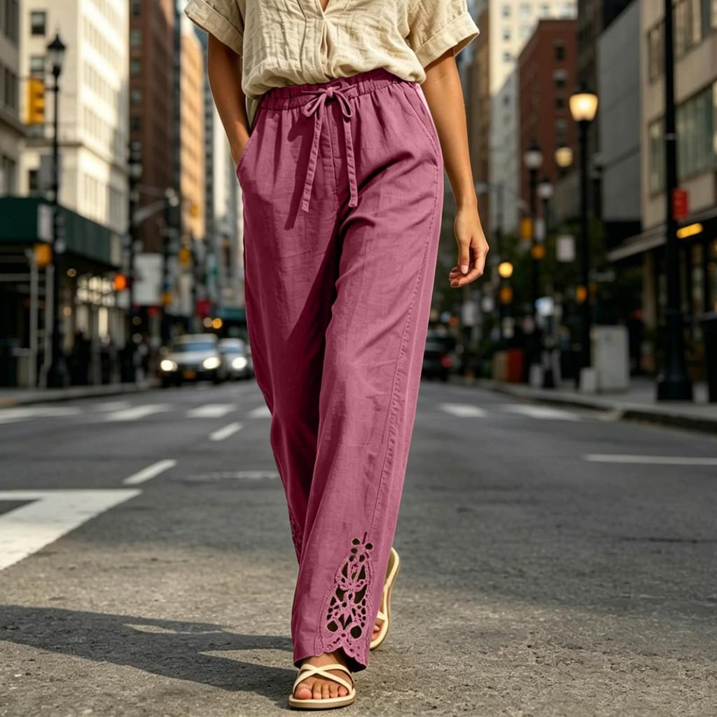 Women's Casual High Waisted Color Lace Trim Pants with Pockets