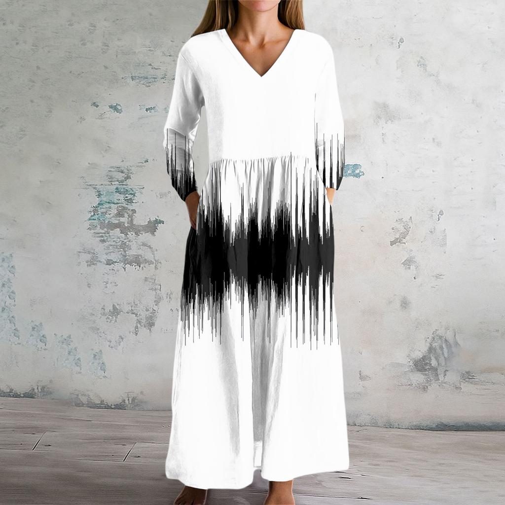 Damska Sukienka Modowa Wiosenna Sukienka z Dekoltem V i Długim Rękawem