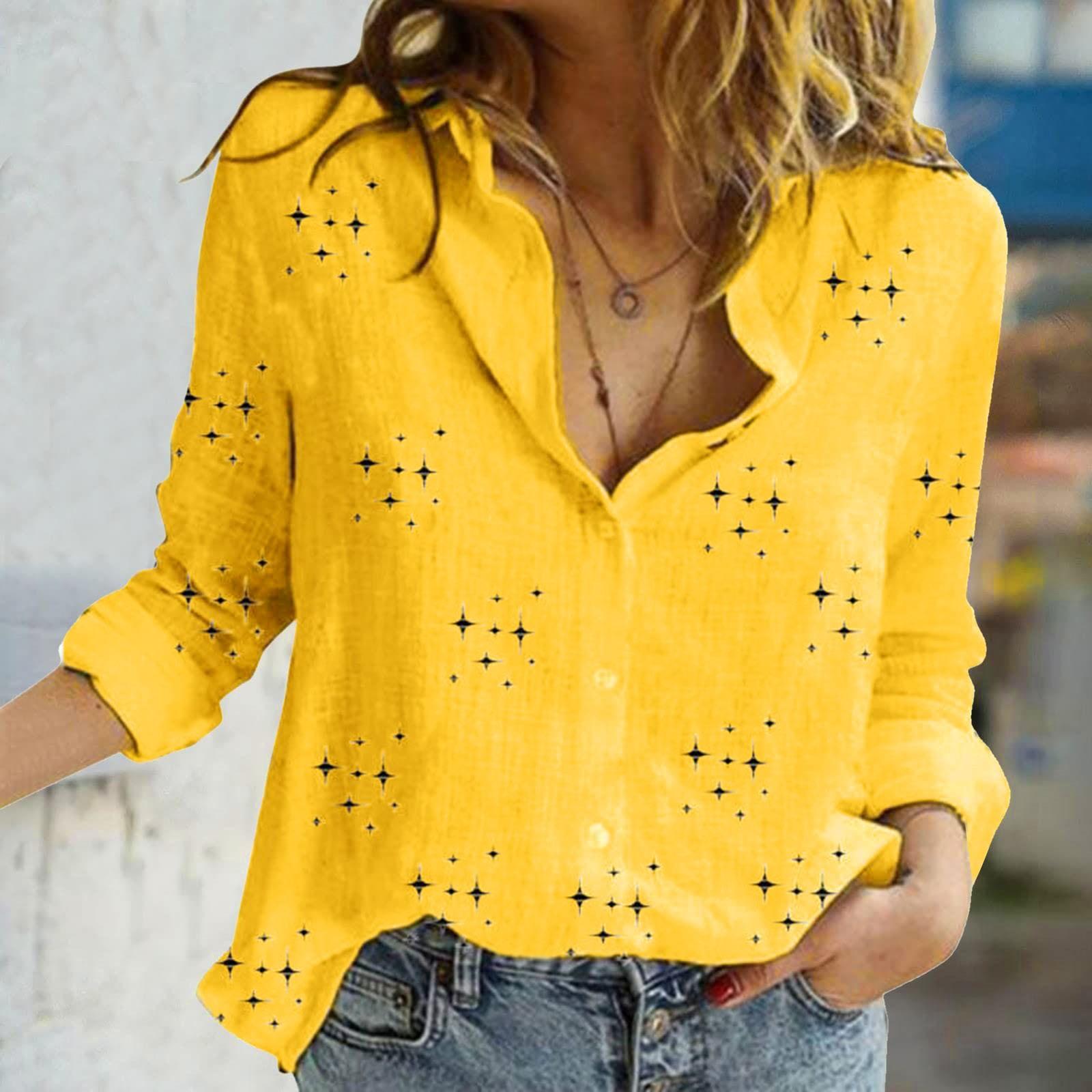 

Лляні блузки. Жіночі блузки великих розмірів із зірковим принтом із довгим рукавом XL жовтий