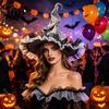 Non-itchy Halloween Hat Women's Large Ruched Witch Hat, Felt Wizard with Elegant Dark Ruffle/Flowers/Mesh, Adults Cosplay Costume for