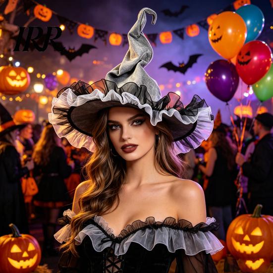 Non-itchy Halloween Hat Women's Large Ruched Witch Hat, Felt Wizard with Elegant Dark Ruffle/Flowers/Mesh, Adults Cosplay Costume for