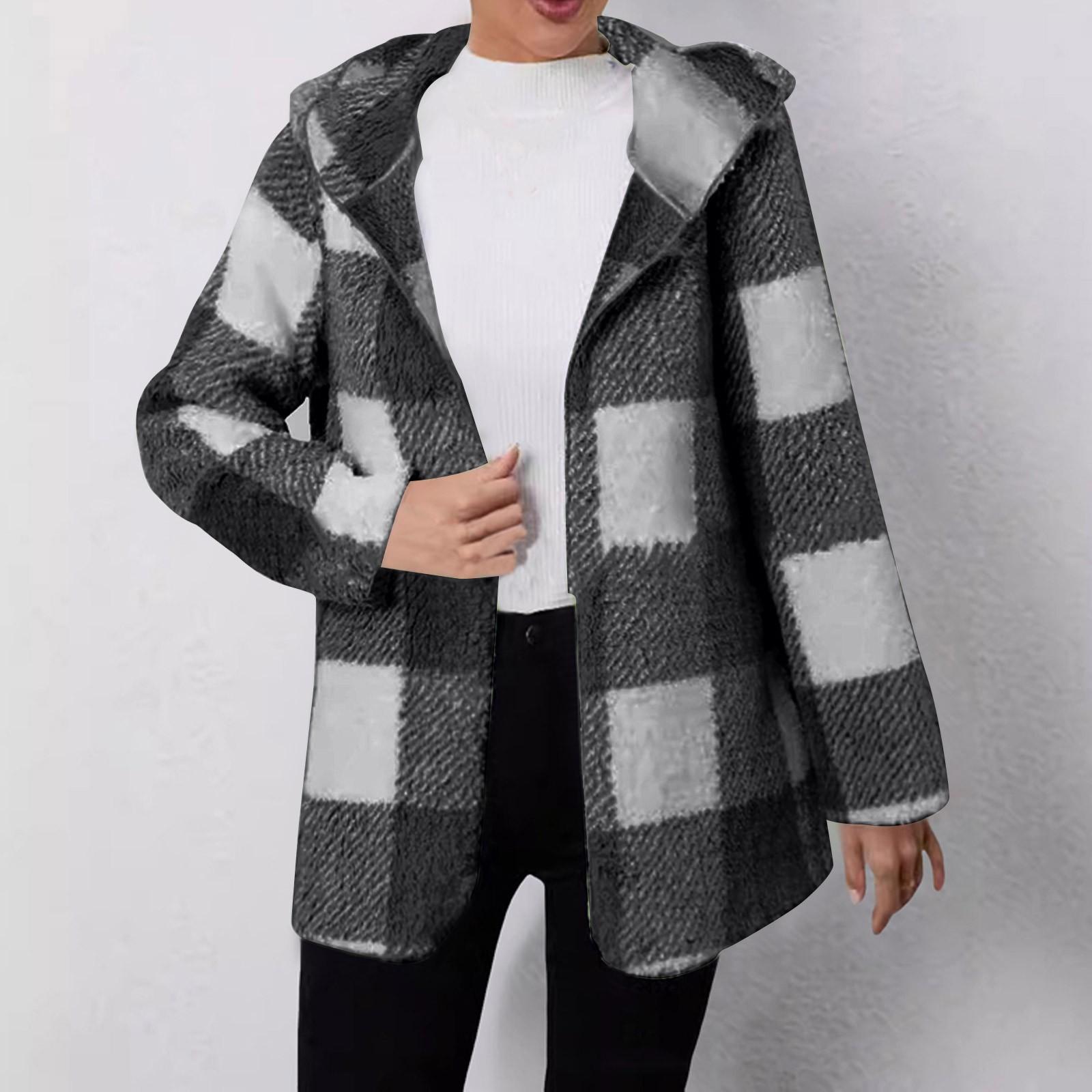 

Женская клетчатая шерстяная плюшевая куртка с капюшоном, повседневная куртка с длинными рукавами и карманами в стиле колор-блок L чёрный