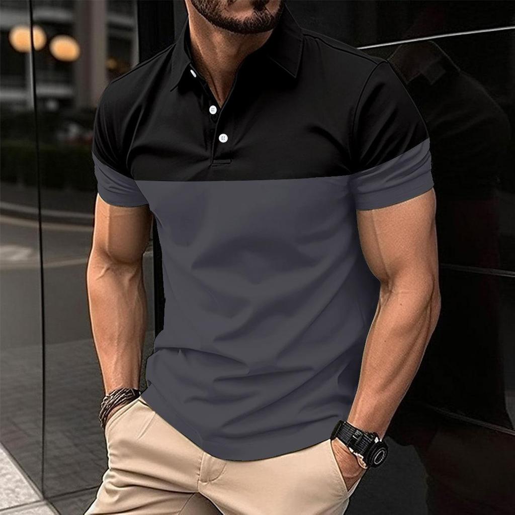 New Fashion Men's Casual POLO Shirt Fashion V-neck Button Business Colour Blocking T-shirt Tops