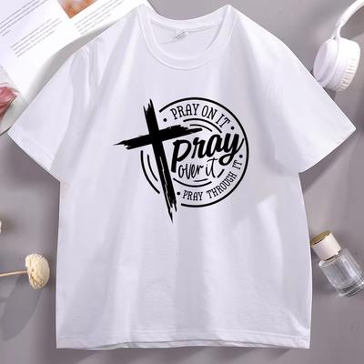 Pray On It Pray Over It Pray Through It Tshirt Prayer Christian Cross Tshirt Bible Verse Cotton Short Sleeve Round Neck Tees