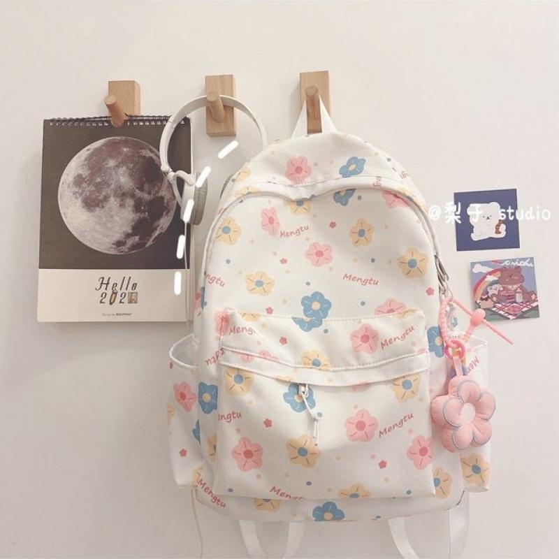 Cute Cartoon Print Backpack Versatile Soft Girl School Bag Teenager Backpack белый