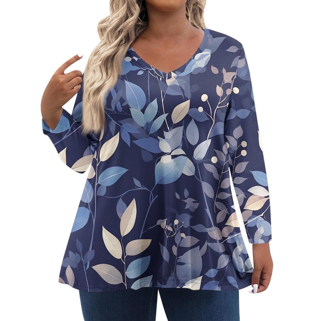 Women's Fashionable Casual Long Sleeved Plus Size Floral Print Top Plus Size Floral Print Top
