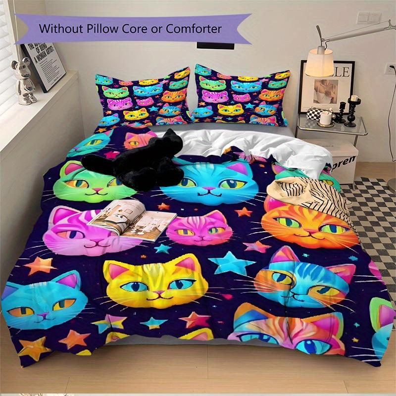 3pcs Colorful Cats Bedding Set, Suitable for Bedroom Decoration, (Includes 1 Duvet Cover And 2 Pillowcases, Quilt Not Included) yy250822117