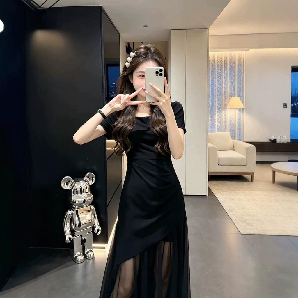 Early Summer Unique and Beautiful Black Mesh Short-sleeved Dress Children's Summer 2026 New French Square Collar Waist Dress