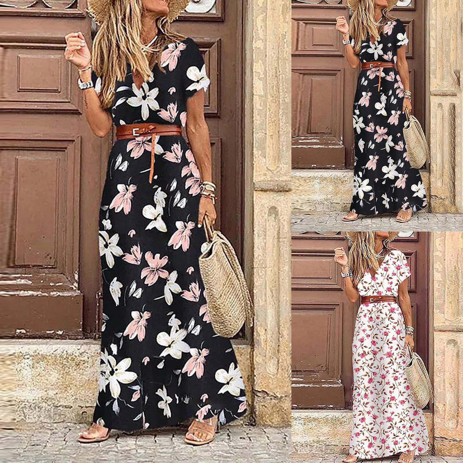 

Женское длинное платье макси с коротким рукавом и цветочным принтом, женское вечернее повседневное платье в стиле бохо