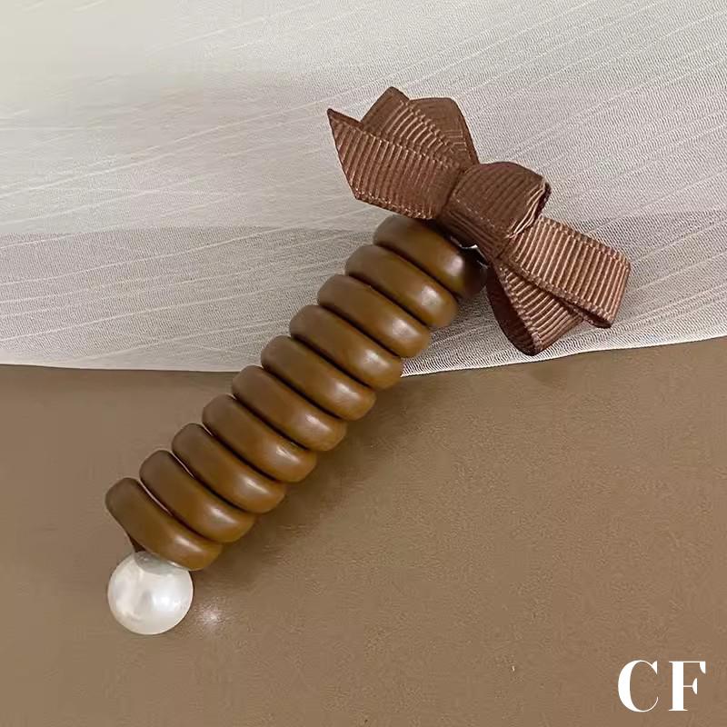 Bowknot Braided Telephone Wire Hair Bands,Spiral Hair Ties Phone Cord With Pearl,Waterproof High Elastic Rubber Hair Band