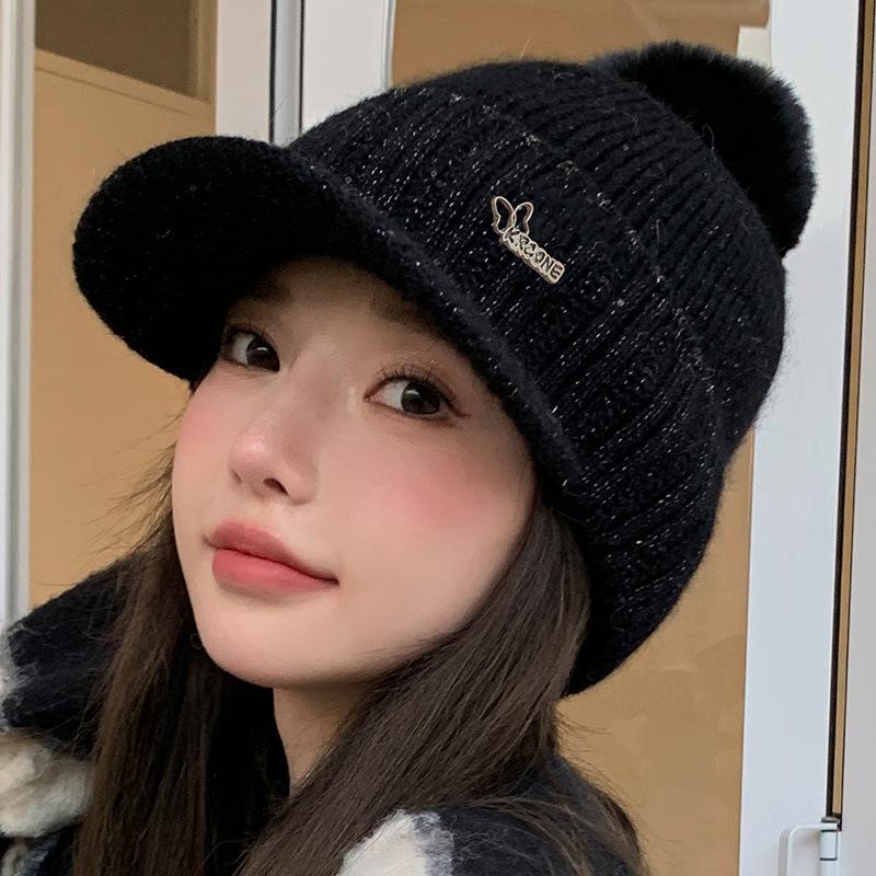 Rabbit Fur Hat Women's Winter Warm Knitted Baseball Cap with Fleece Anti Cold Yarn Hat Versatile Showing Off Small Face