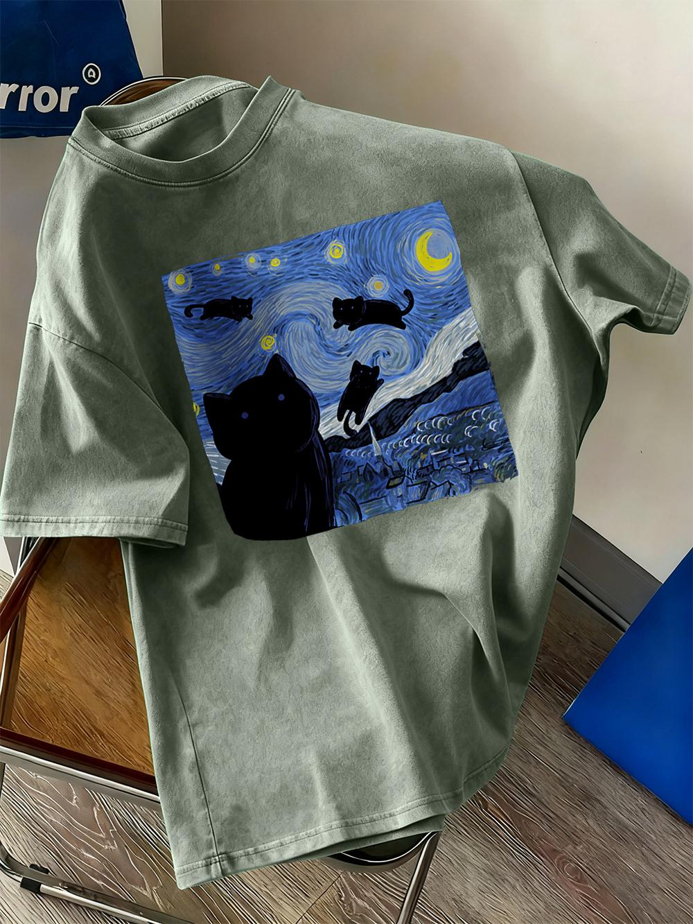 

The Starry Cat Night Cotton Washed TShirts Womens Oversize T Shirt Casual Comfortable Short Sleeve Tops Summer ONeck Clothes S