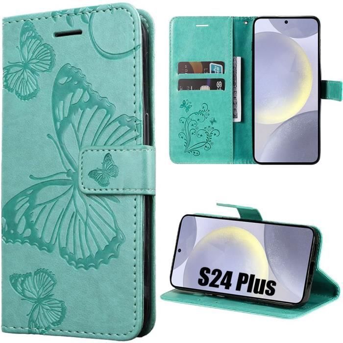 Coque pour samsung galaxy s24 plus - booling - antichoc en cuir pu à motif papillon - vert