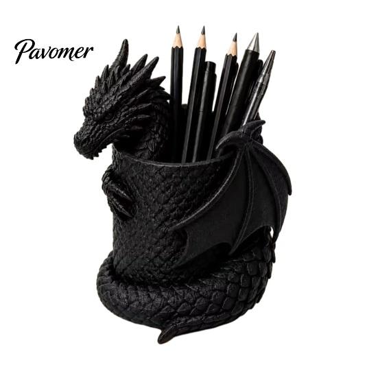 Decorative Pen Pot 3D Printed Gothic Dragon Holder, Coiled Figurine Stationery Cup, Cool Office Supplies Fantasy Desk Organizer, Halloween Tabletop