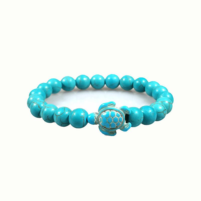 Turquoise Turtle Bracelet with 8mm Beads - Natural White Turquoise Sea Turtle Design 8mm Beads, 18-19.5 cm