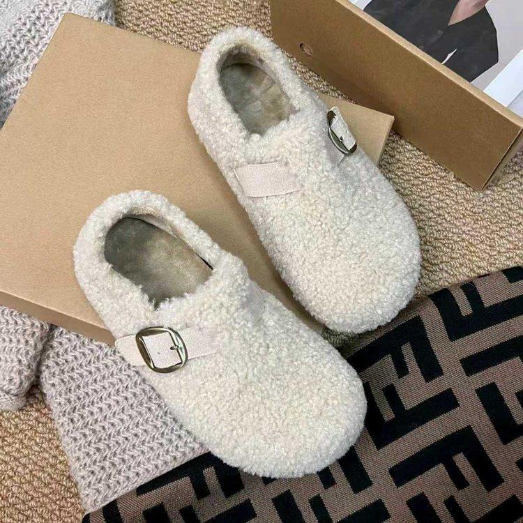 Retro Fluffy Shoes for Women's 2025 Winter New Outer Cotton Shoes, One Pedal Thick-soled Velvet Warm Boken Loafers